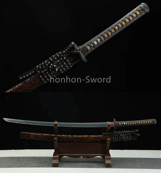Katana à lame bleue en acier à haute teneur en carbone 1095, épée de samouraï japonais, épée complète noire 