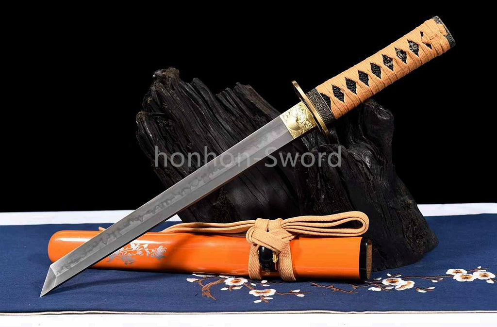 T10 Clay Tempered Japanese Tanto Orange Sword Sharp Abrasive Blade Full Tang