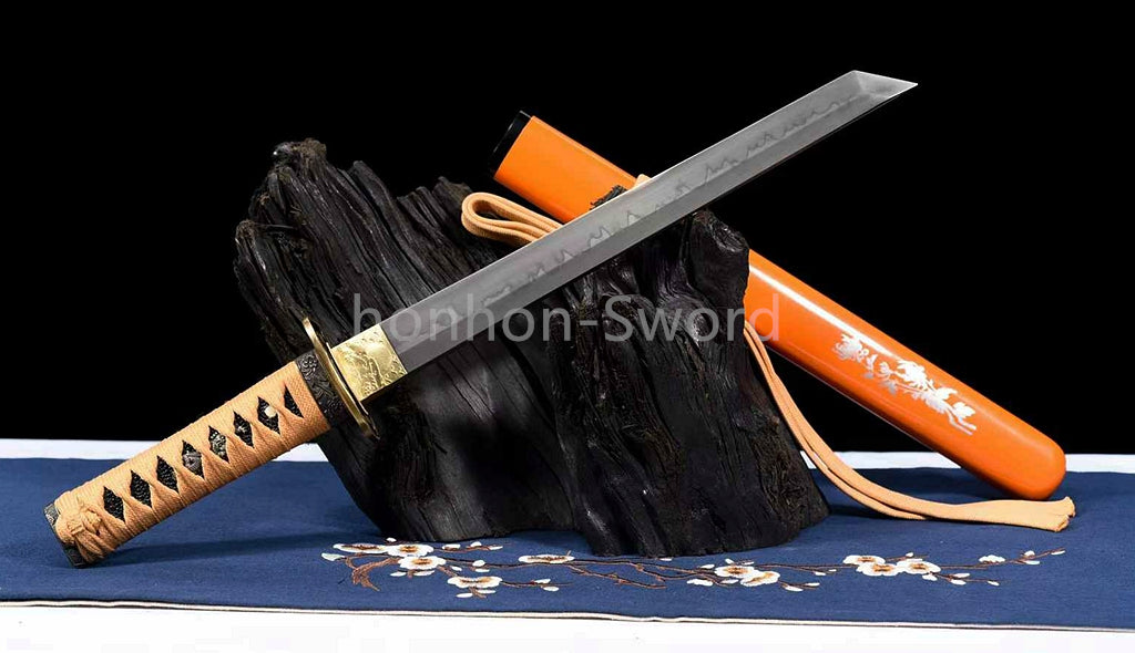 T10 Clay Tempered Japanese Tanto Orange Sword Sharp Abrasive Blade Full Tang
