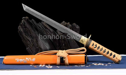 T10 Clay Tempered Japanese Tanto Orange Sword Sharp Abrasive Blade Full Tang