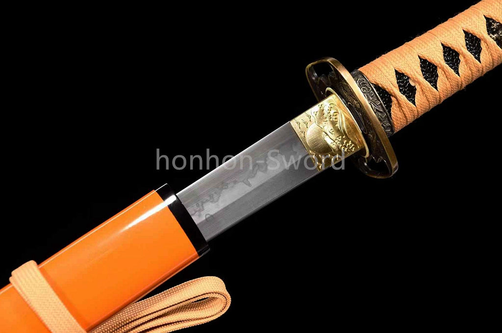 T10 Clay Tempered Japanese Tanto Orange Sword Sharp Abrasive Blade Full Tang
