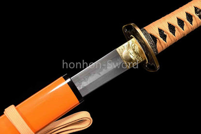 T10 Clay Tempered Japanese Tanto Orange Sword Sharp Abrasive Blade Full Tang