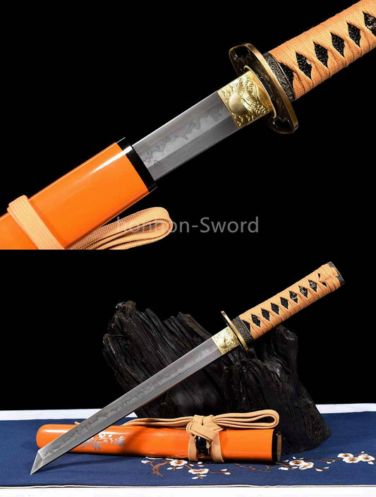 T10 Clay Tempered Japanese Tanto Orange Sword Sharp Abrasive Blade Full Tang