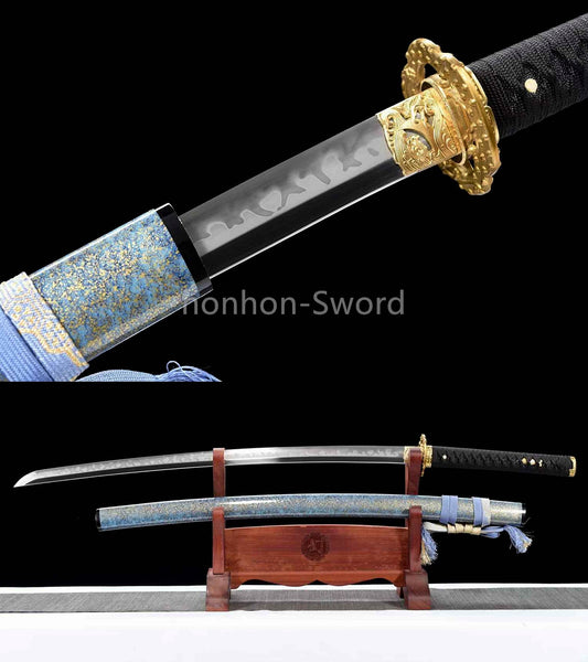 1095 Kohlenstoffstahl Katana Blaue Klinge Japanisches Samurai-Schwert Full Tang Schwarz 