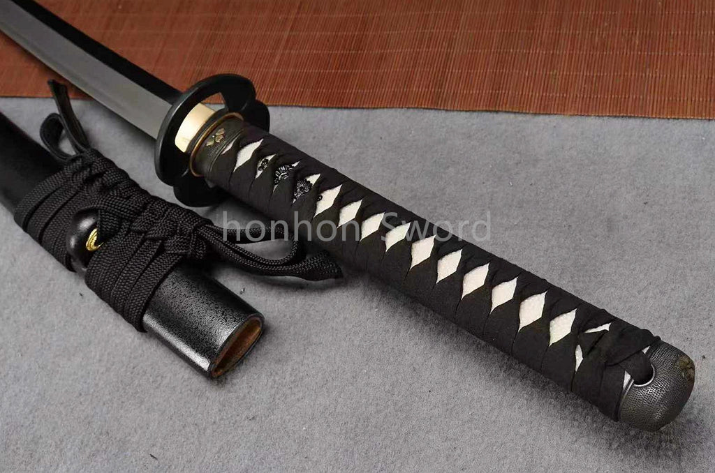 1095 Kohlenstoffstahl Katana Blaue Klinge Japanisches Samurai-Schwert Full Tang Schwarz 