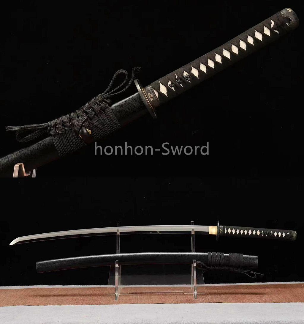 1095 Kohlenstoffstahl Katana Blaue Klinge Japanisches Samurai-Schwert Full Tang Schwarz 