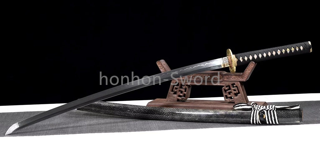 Japanese Katana T10 Clay Tempered Sword Full Rayskin OX Horn Saya Full Tang