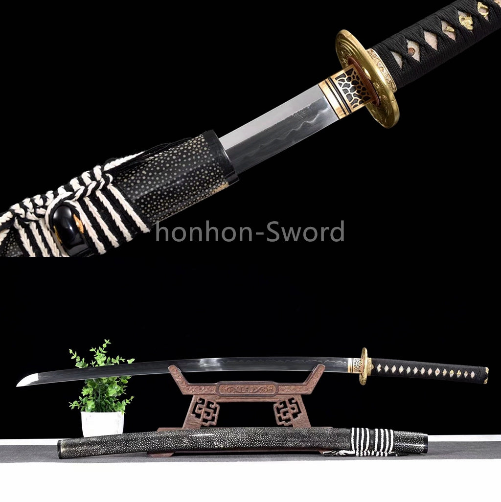 Japanese Katana T10 Clay Tempered Sword Full Rayskin OX Horn Saya Full Tang