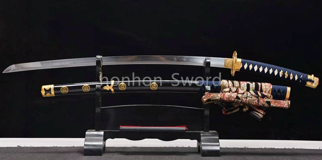 1095 Kohlenstoffstahl Katana Blaue Klinge Japanisches Samurai-Schwert Full Tang Schwarz 