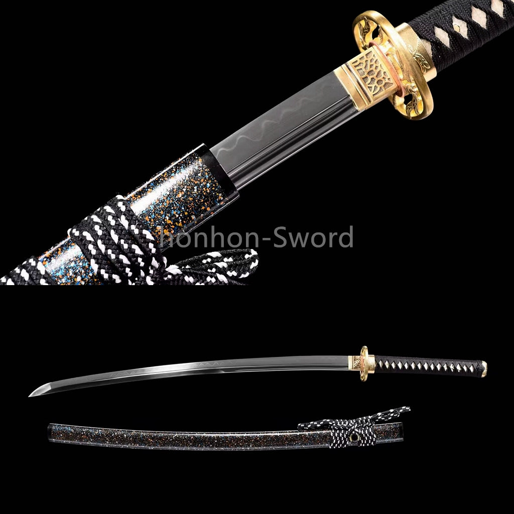 Katana à lame bleue en acier à haute teneur en carbone 1095, épée de samouraï japonais, épée complète noire 