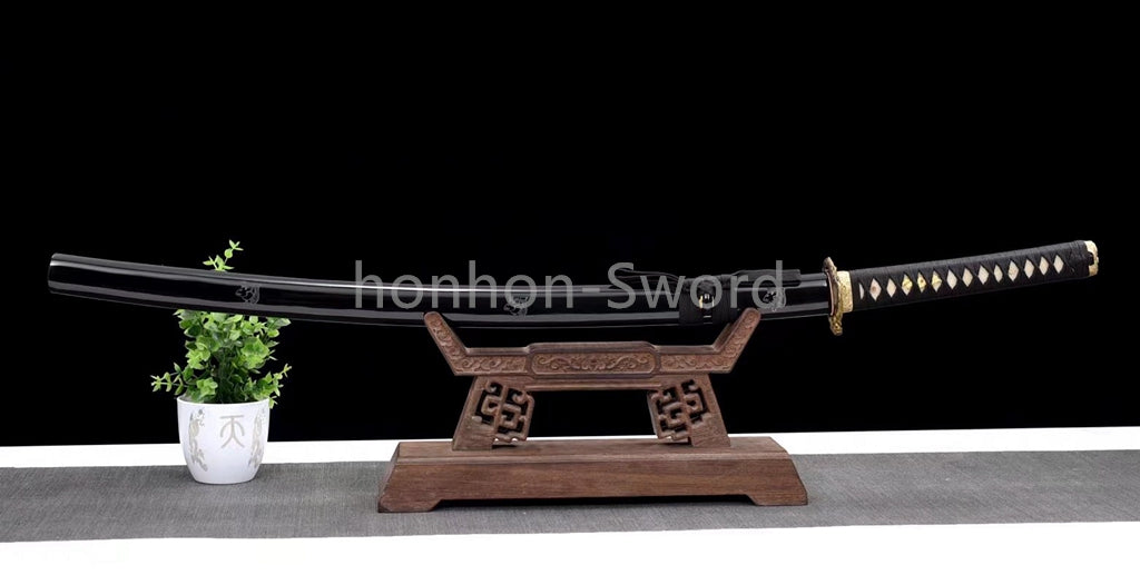 T10 Clay Tempered Japanese Katana Black Samurai Sword Brass Tsuba Full Tang Real