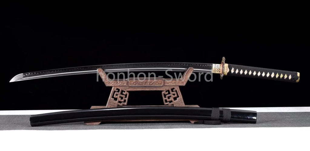 T10 Clay Tempered Japanese Katana Black Samurai Sword Brass Tsuba Full Tang Real