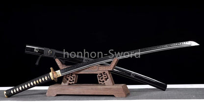 T10 Clay Tempered Japanese Katana Black Samurai Sword Brass Tsuba Full Tang Real
