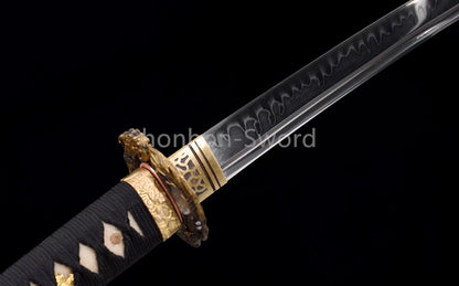 T10 Clay Tempered Japanese Katana Black Samurai Sword Brass Tsuba Full Tang Real