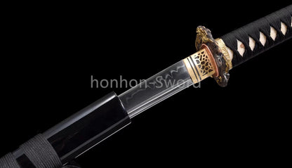 T10 Clay Tempered Japanese Katana Black Samurai Sword Brass Tsuba Full Tang Real