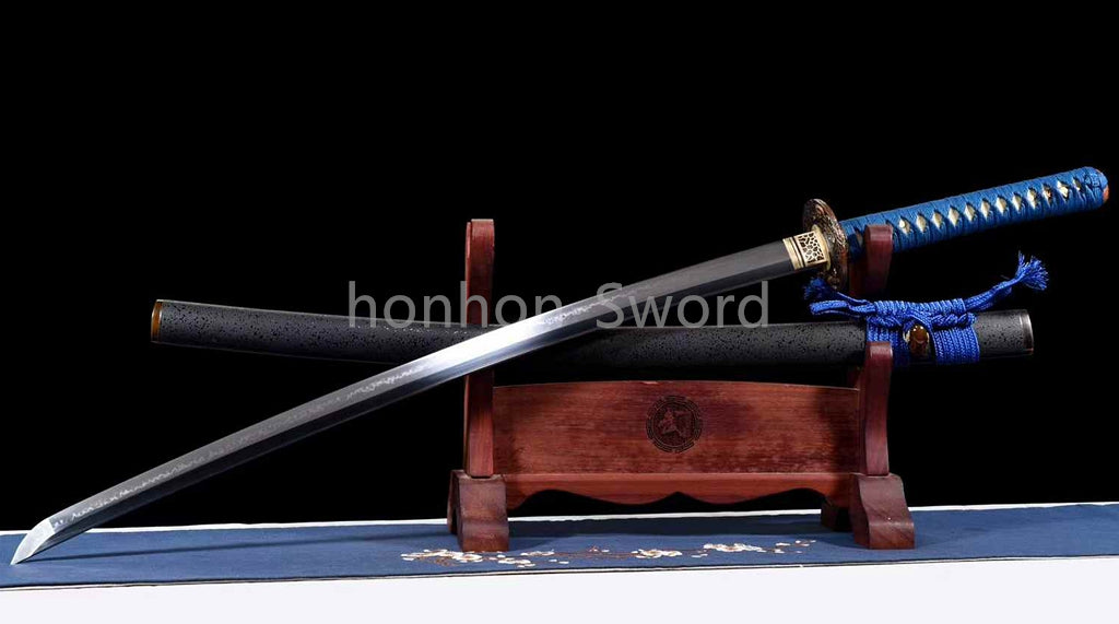 Katana à lame bleue en acier à haute teneur en carbone 1095, épée de samouraï japonais, épée complète noire 