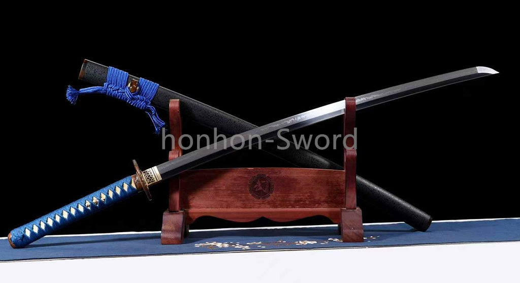 Katana à lame bleue en acier à haute teneur en carbone 1095, épée de samouraï japonais, épée complète noire 