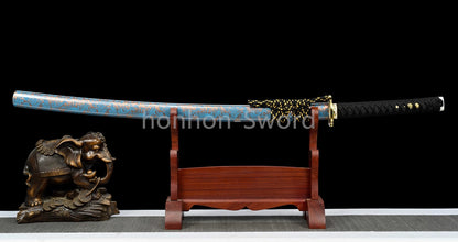 1095 Kohlenstoffstahl Katana Blaue Klinge Japanisches Samurai-Schwert Full Tang Schwarz 