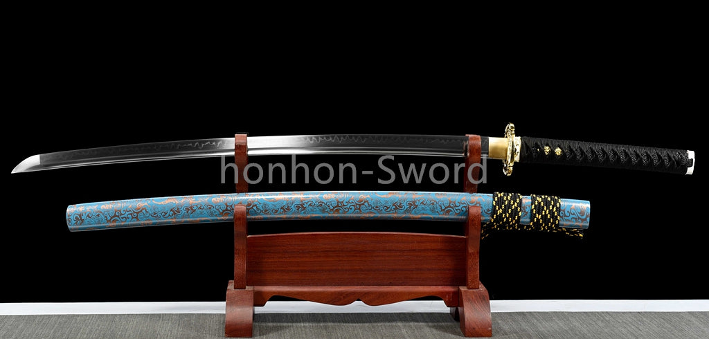 1095 Kohlenstoffstahl Katana Blaue Klinge Japanisches Samurai-Schwert Full Tang Schwarz 