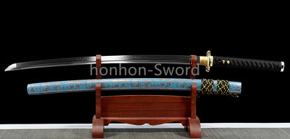 1095 Kohlenstoffstahl Katana Blaue Klinge Japanisches Samurai-Schwert Full Tang Schwarz 