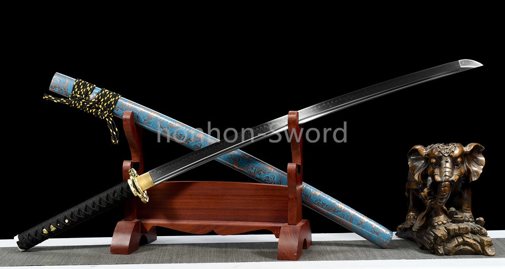 1095 Kohlenstoffstahl Katana Blaue Klinge Japanisches Samurai-Schwert Full Tang Schwarz 