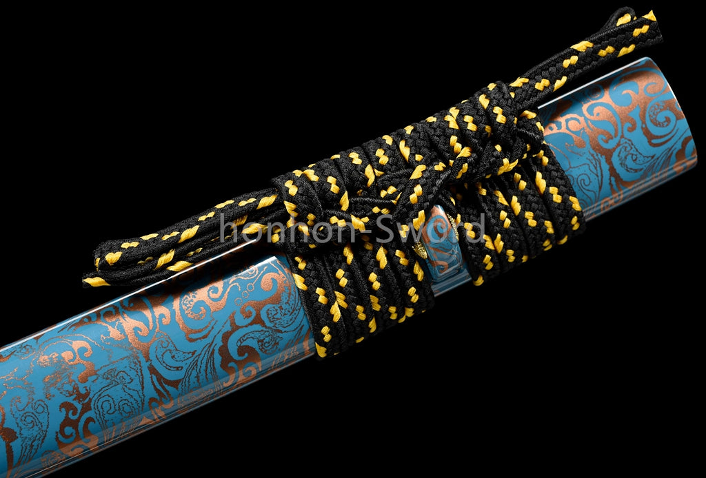 1095 Kohlenstoffstahl Katana Blaue Klinge Japanisches Samurai-Schwert Full Tang Schwarz 