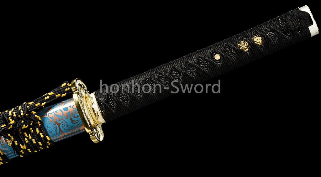 1095 Kohlenstoffstahl Katana Blaue Klinge Japanisches Samurai-Schwert Full Tang Schwarz 