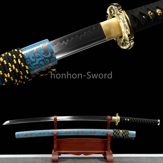 1095 Kohlenstoffstahl Katana Blaue Klinge Japanisches Samurai-Schwert Full Tang Schwarz 