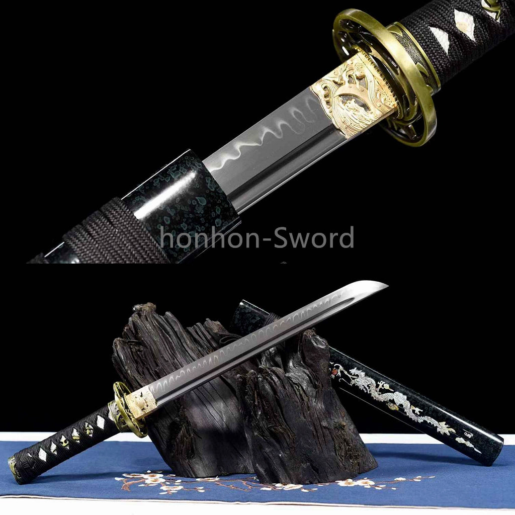 1095 Kohlenstoffstahl Katana Blaue Klinge Japanisches Samurai-Schwert Full Tang Schwarz 