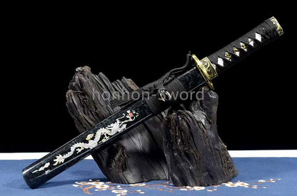 1095 Kohlenstoffstahl Katana Blaue Klinge Japanisches Samurai-Schwert Full Tang Schwarz 