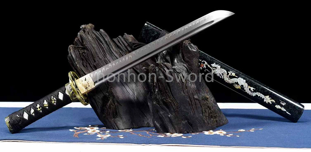 1095 Kohlenstoffstahl Katana Blaue Klinge Japanisches Samurai-Schwert Full Tang Schwarz 