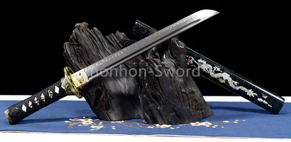 1095 Kohlenstoffstahl Katana Blaue Klinge Japanisches Samurai-Schwert Full Tang Schwarz 