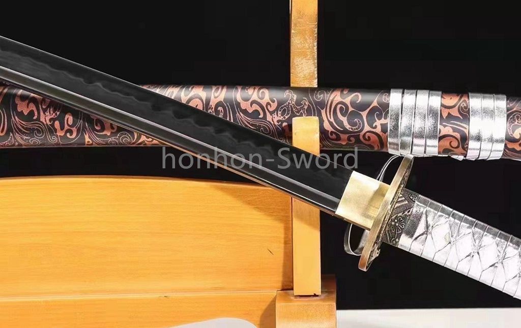1095 Kohlenstoffstahl Katana Blaue Klinge Japanisches Samurai-Schwert Full Tang Schwarz 