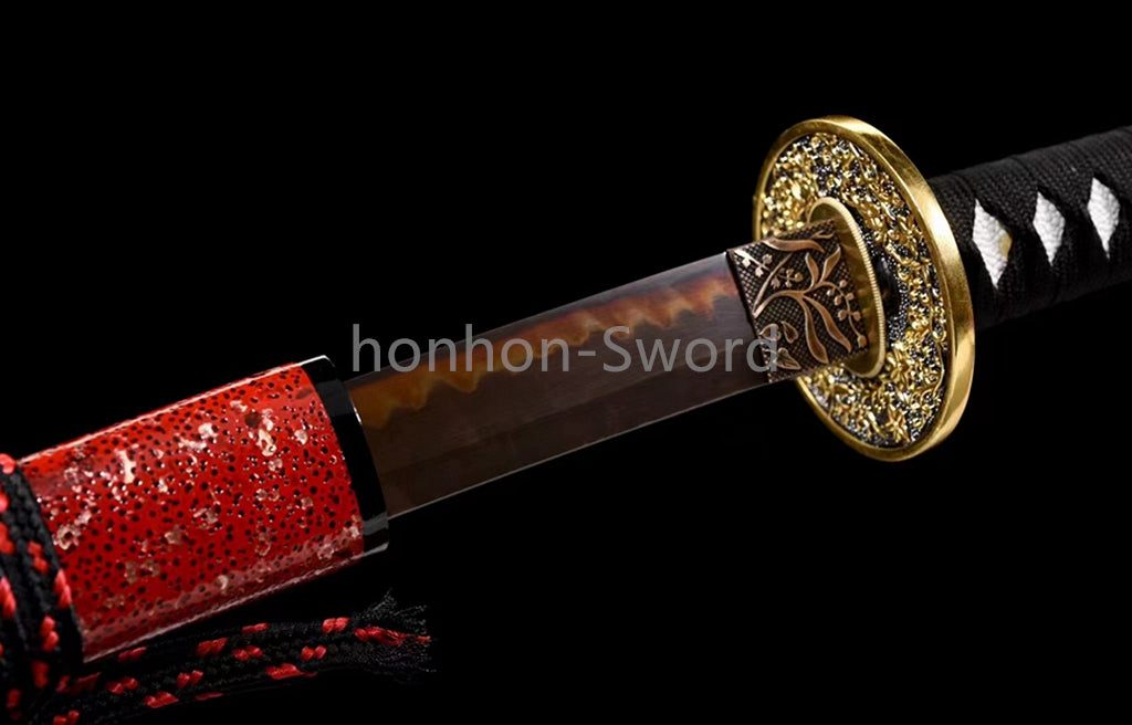 T10 Steel Clay Tempered Japanese Katana 26inch Alloy Tsuba Samurai Sword Black Blade Sharp