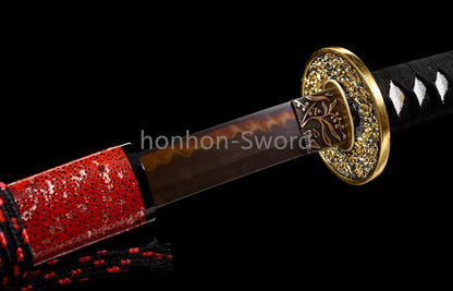 T10 Steel Clay Tempered Japanese Katana 26inch Alloy Tsuba Samurai Sword Black Blade Sharp