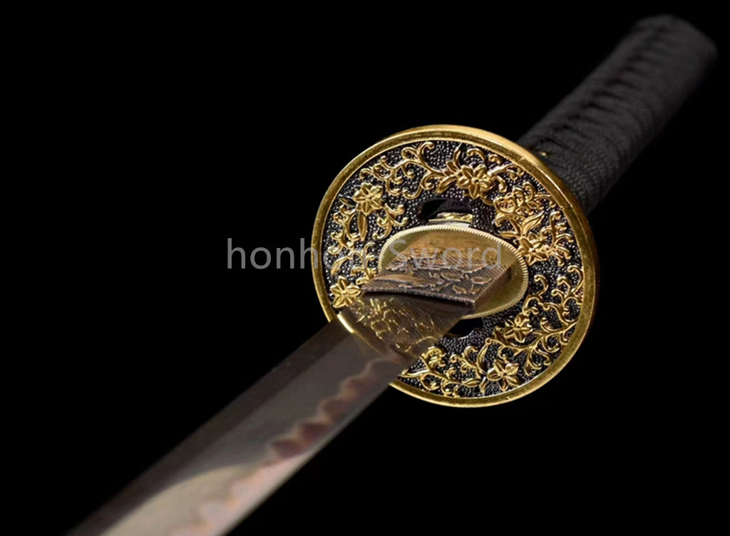 T10 Steel Clay Tempered Japanese Katana 26inch Alloy Tsuba Samurai Sword Black Blade Sharp