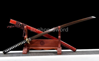 T10 Steel Clay Tempered Japanese Katana 26inch Alloy Tsuba Samurai Sword Black Blade Sharp