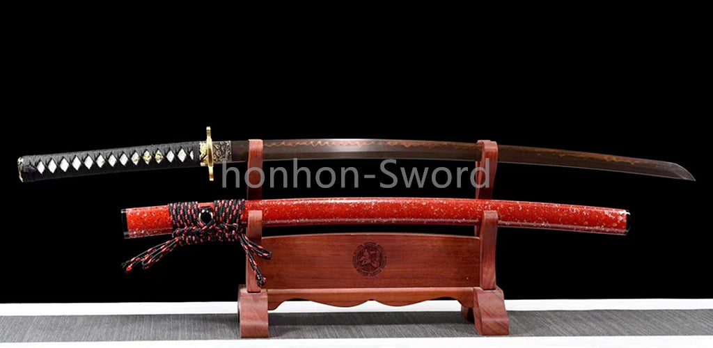 T10 Steel Clay Tempered Japanese Katana 26inch Alloy Tsuba Samurai Sword Black Blade Sharp