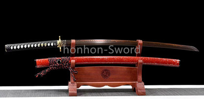 T10 Steel Clay Tempered Japanese Katana 26inch Alloy Tsuba Samurai Sword Black Blade Sharp