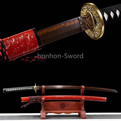T10 Steel Clay Tempered Japanese Katana 26inch Alloy Tsuba Samurai Sword Black Blade Sharp