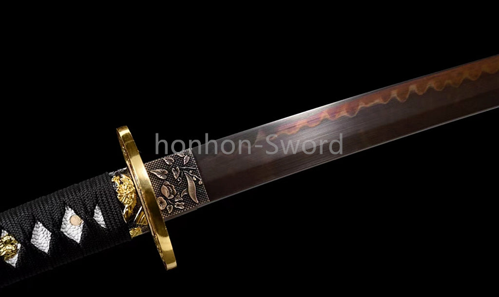T10 Steel Clay Tempered Japanese Katana 26inch Alloy Tsuba Samurai Sword Black Blade Sharp