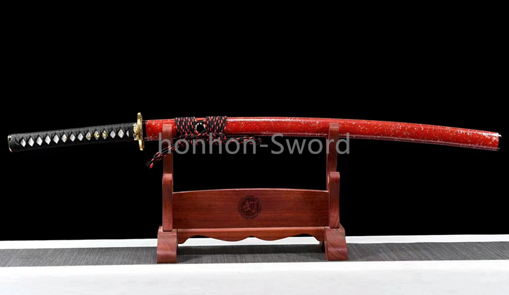 T10 Steel Clay Tempered Japanese Katana 26inch Alloy Tsuba Samurai Sword Black Blade Sharp