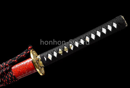 T10 Steel Clay Tempered Japanese Katana 26inch Alloy Tsuba Samurai Sword Black Blade Sharp