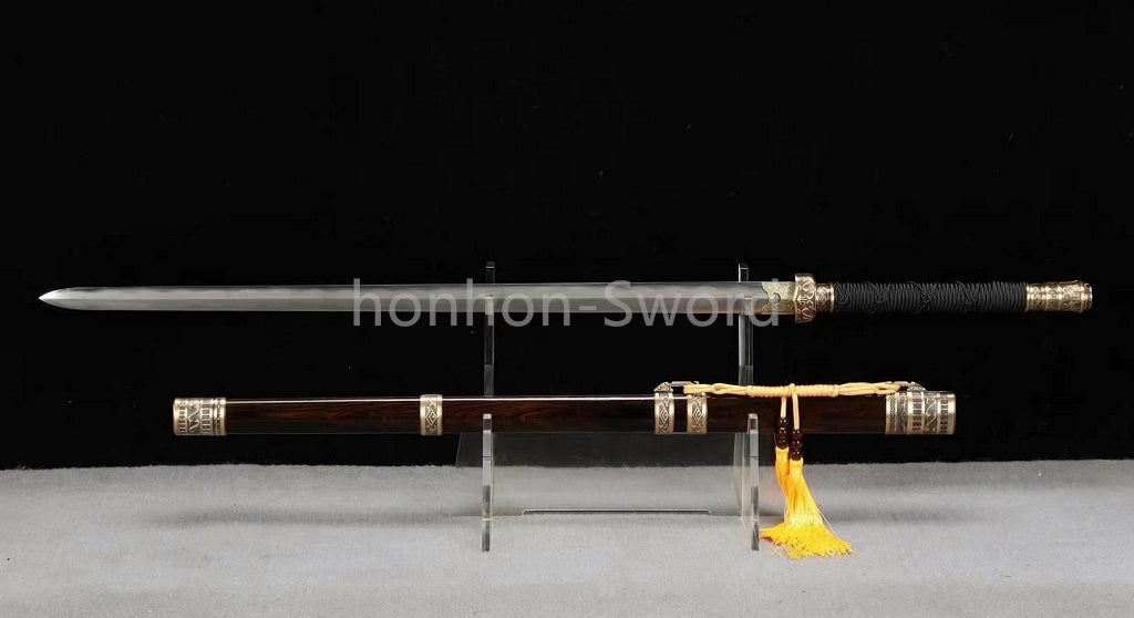26inch Damascus Folded Steel Clay Tempered Chinese Tang Dynasty Jian Full Tang Naka-Shiragi Polished
