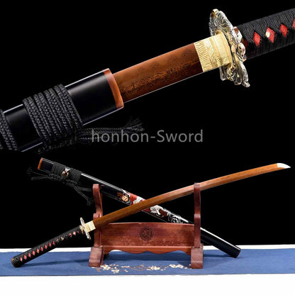 Épée de samouraï japonaise en acier plié noir, katana, lame tranchante faite à la main, noire 