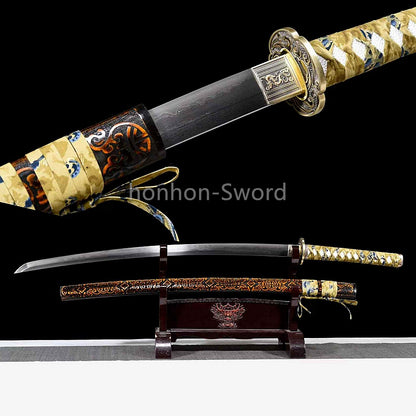 Épée de samouraï japonaise en acier plié noir, katana, lame tranchante faite à la main, noire 