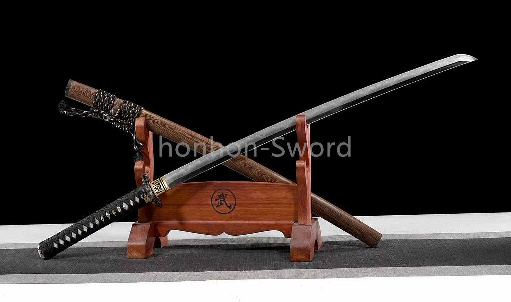 Épée de samouraï japonaise en acier plié noir, katana, lame tranchante faite à la main, noire 