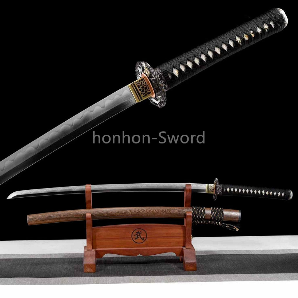 Épée de samouraï japonaise en acier plié noir, katana, lame tranchante faite à la main, noire 
