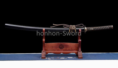 Japanisches Samurai-Schwert Katana aus schwarzem gefaltetem Stahl, Full Tang, handgefertigt, scharfe Klinge, schwarz 