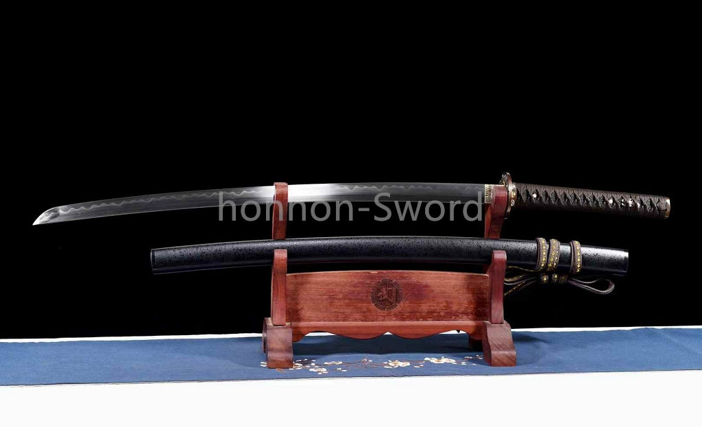 Japanisches Samurai-Schwert Katana aus schwarzem gefaltetem Stahl, Full Tang, handgefertigt, scharfe Klinge, schwarz 